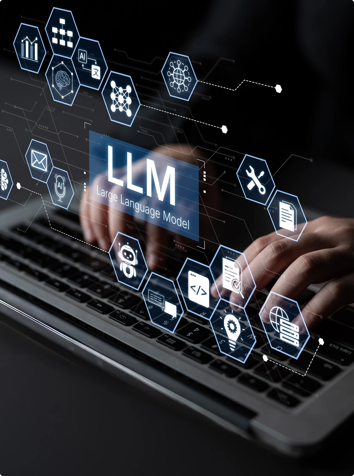 Hands typing on a laptop beneath a glowing Large Language Model (LLM) interface graphic
