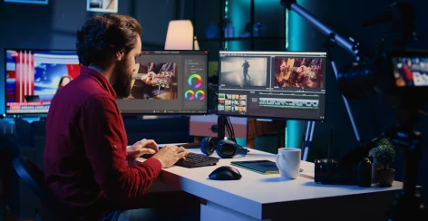 Video editor working on footage across several monitors